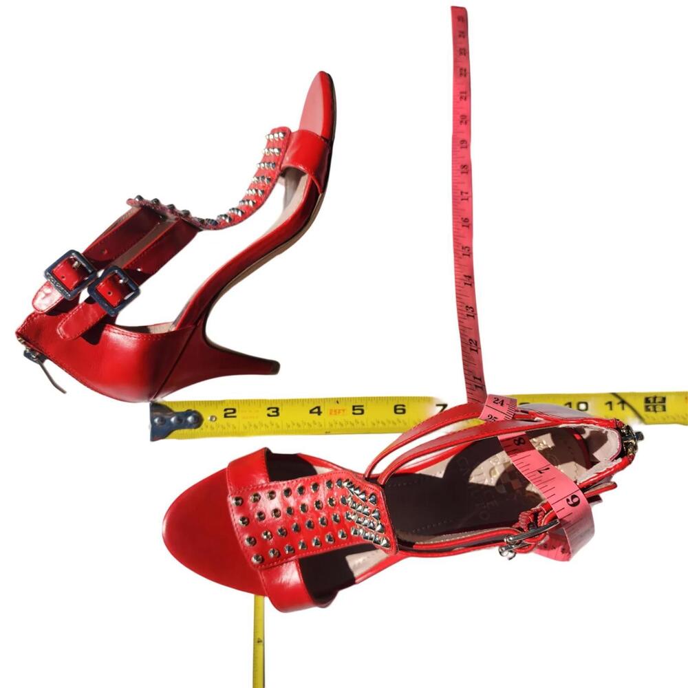 Vince Camuto. Y2K, Red Leather T-Strap Sandals with Metal Studs | Size: 6.5 - Picture 4 of 9